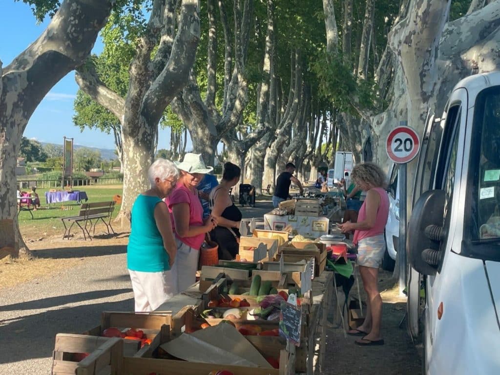 Fruit and vegetable stalls at the farmers’ market beneath the avenue of plane trees at the Moulin des Taillades